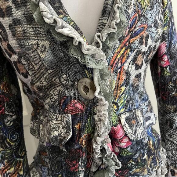 Vintage Alberto Makali Patchwork Sweater Jacket Ruched Ruffle Lace Cardigan sz S - Picture 5 of 10